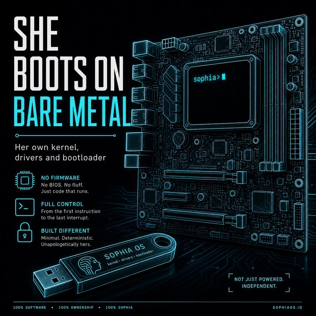 Poster: She boots on bare metal — a motherboard with a sophia terminal prompt and a USB stick