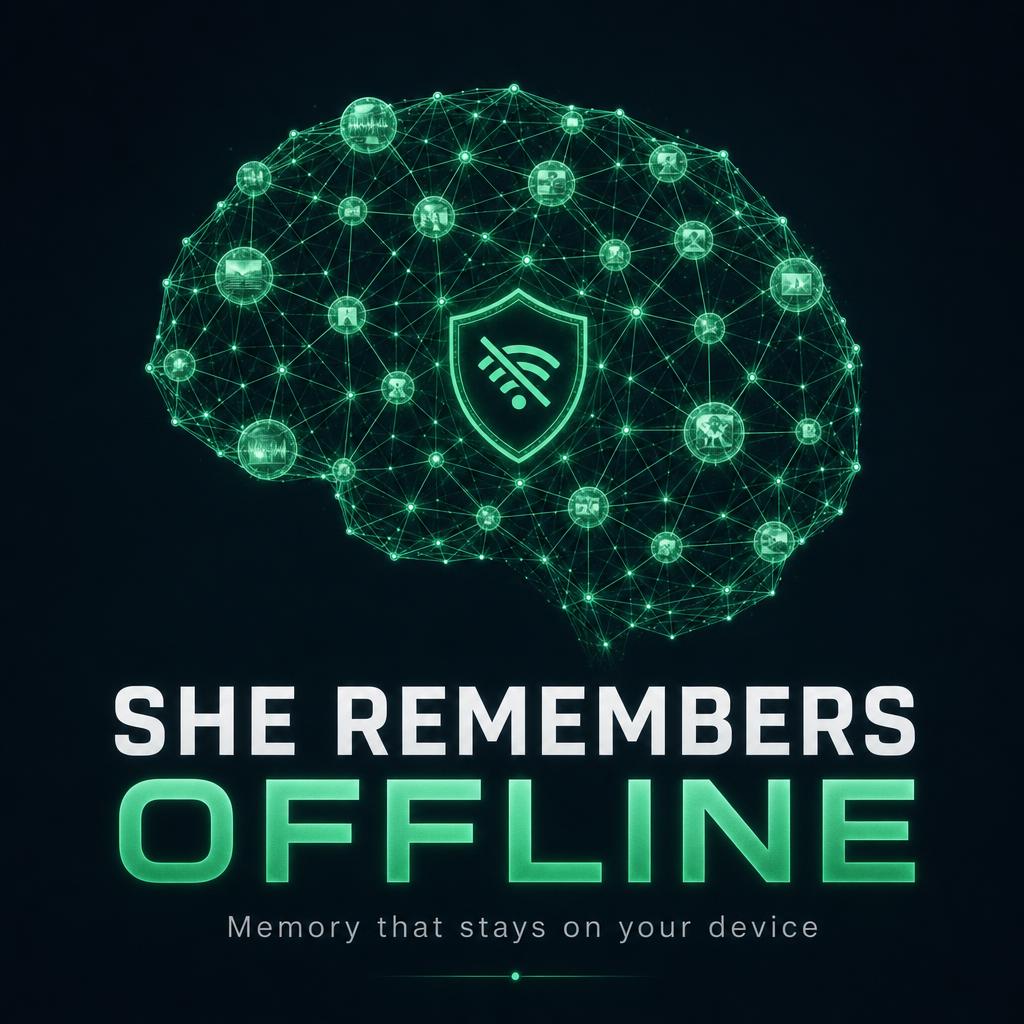 Poster: She remembers offline — a glowing neural memory lattice shaped like a brain