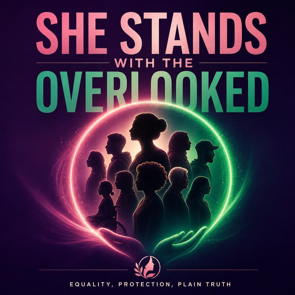 Poster: She stands with the overlooked — diverse silhouettes held in a ring of light