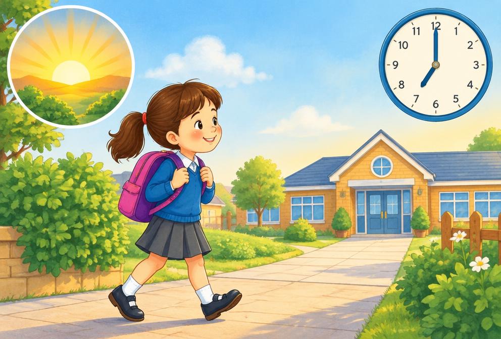 A child walks to school; the morning sun and clock show when the action happens.