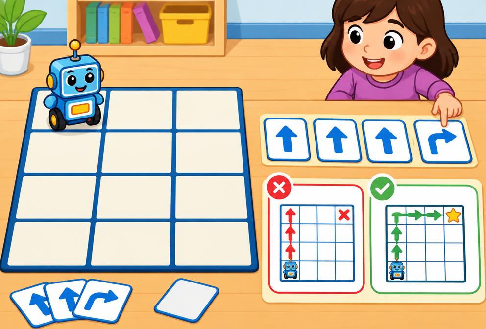 A toy robot, a grid and arrow instructions for planning and checking a route.