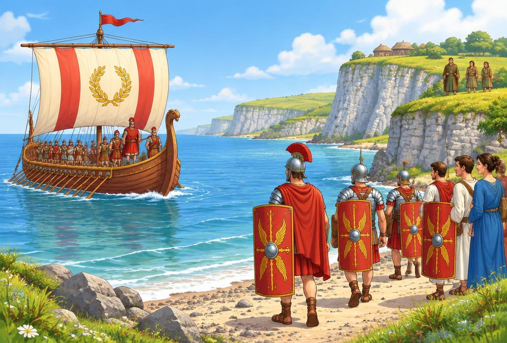 An imagined Roman arrival at the coast of Britain.