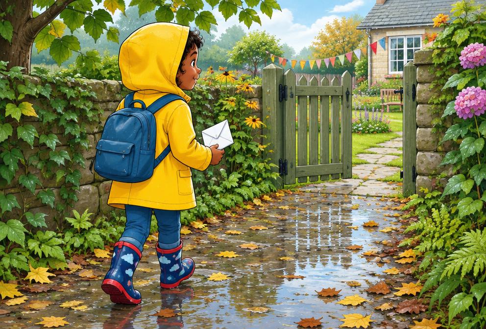 A child with an invitation pauses beside a garden gate on a wet path.