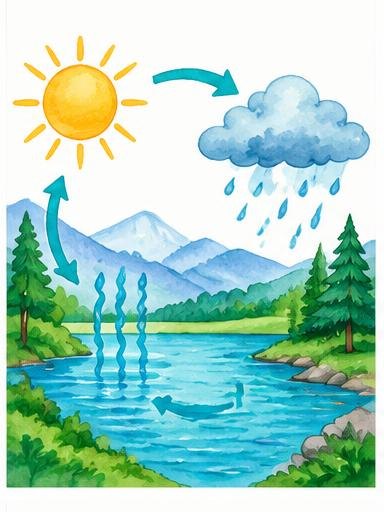 Water cycle illustration showing sun, clouds, rain and collection.